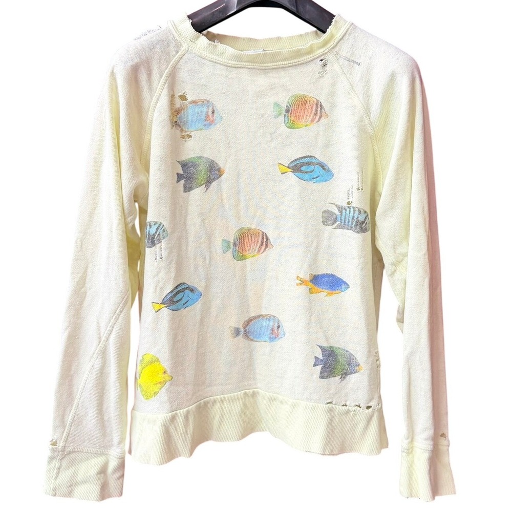 Wildfox Fish Graphic Sweatshirt Womens‎ XS Yellow Distressed Raglan Pullover
